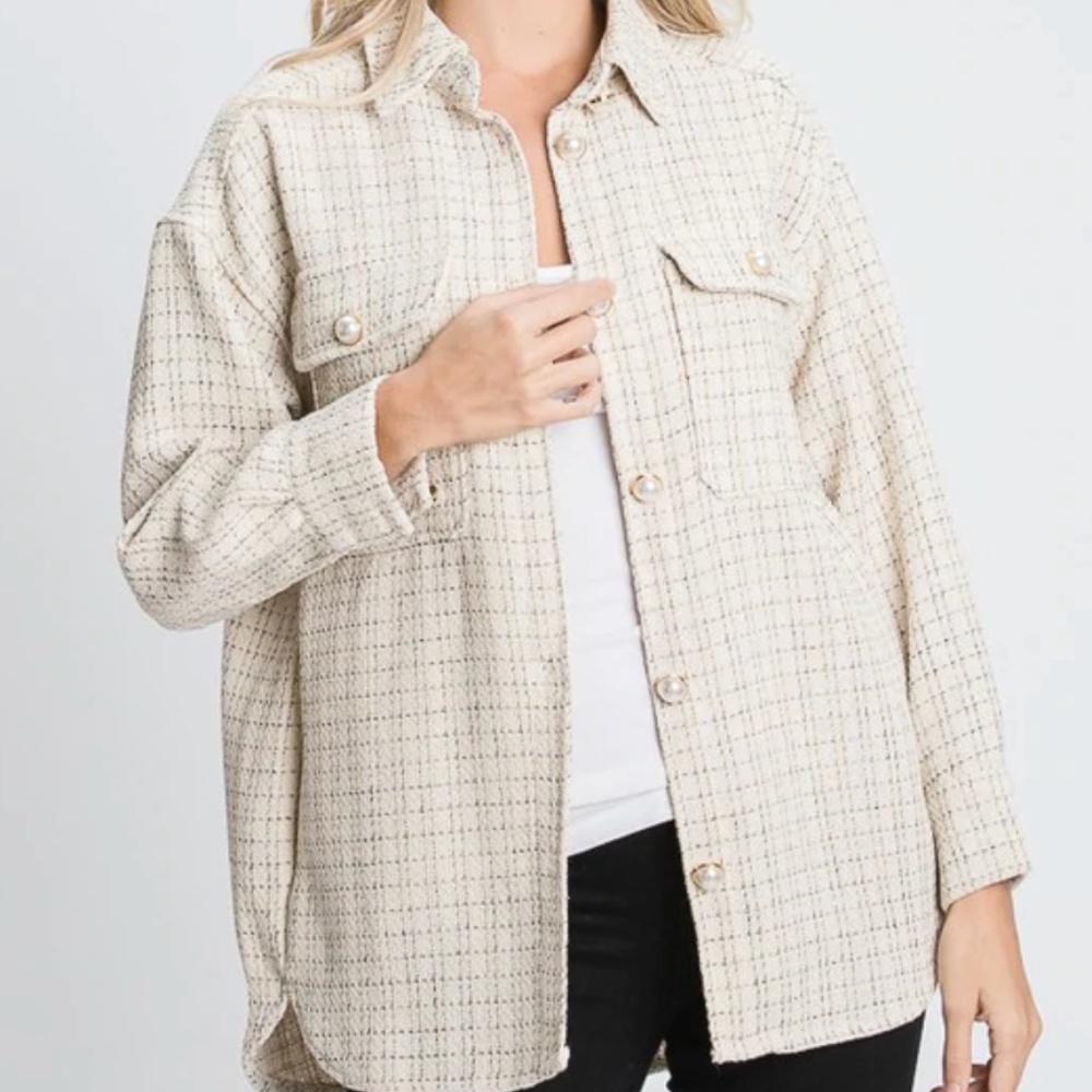 Tweed Pearl Button Shacket in Cream Small